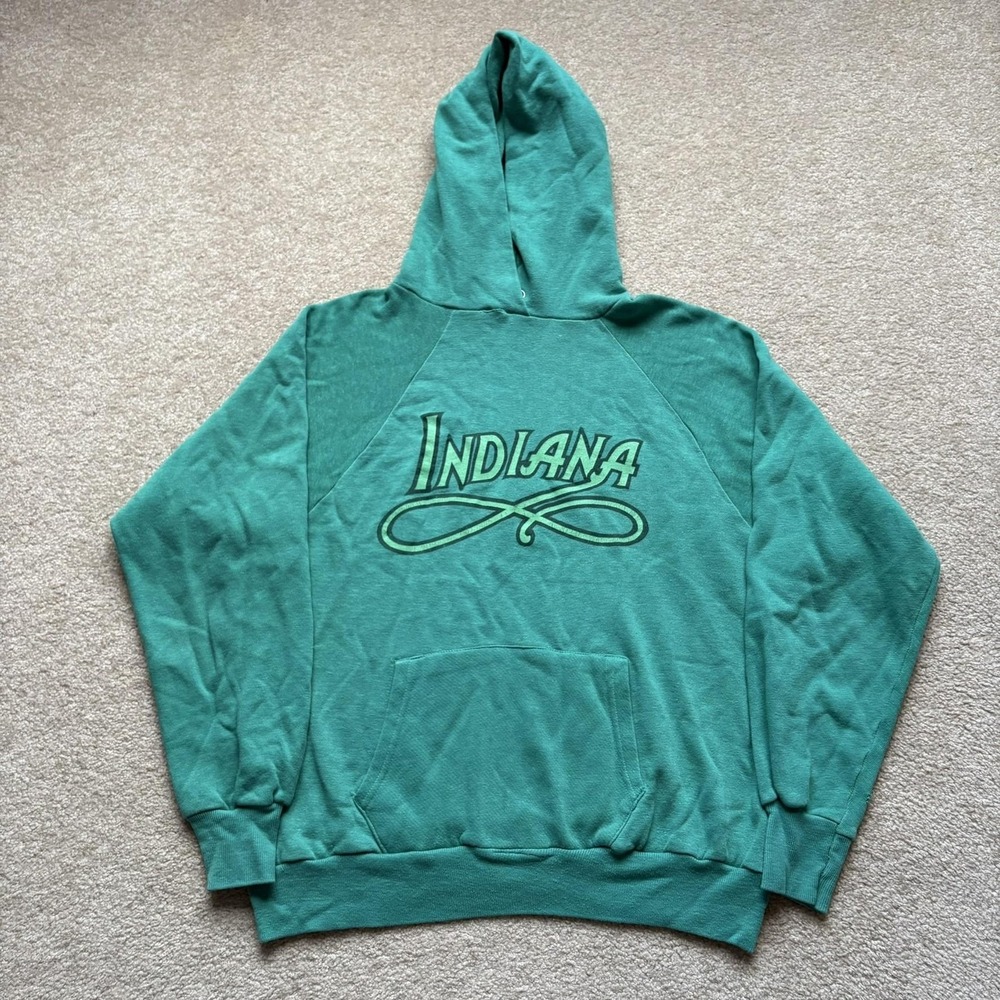 Vintage Indiana Hoodie Sweatshirt Mens Large Green Raglan Downerwear USA 70s
